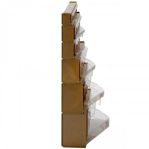 Side view of RackZone Tilt Bin System 1, 800h x 600w, with clear shelves.