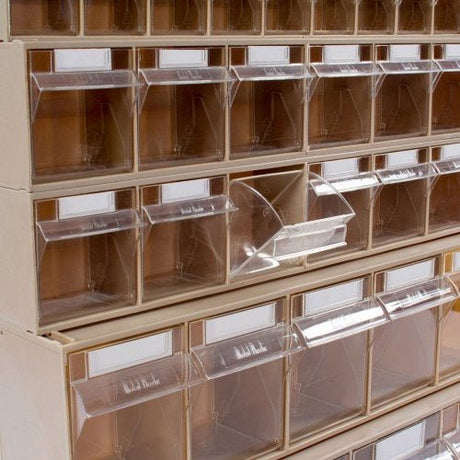 RackZone Tilt Bin System 2: durable plastic bins with clear flip-up lids.