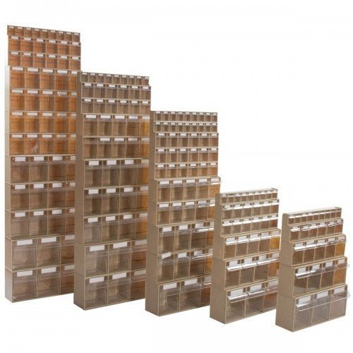 RackZone Tilt Bin System 3: five durable, multi-compartment organizers, assorted sizes.