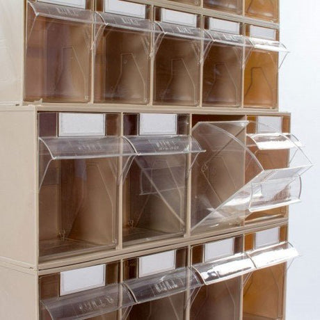 The RackZone Tilt Bin System 3 1685h x 600w has clear, durable bins and lids.