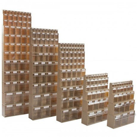Four RackZone Tilt Bin System 5 units, durable brown plastic, various sizes.