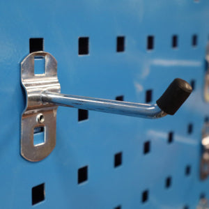 RackZone Wall-Zone 90° Wire Hook 75mm on blue board with black rubber tip.