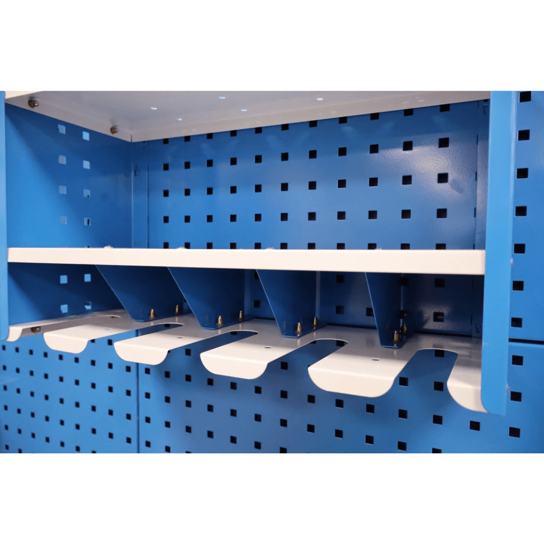 RackZone Peg Tool Organiser with 4 drill shelf and divided sections, 500x200x280mm.