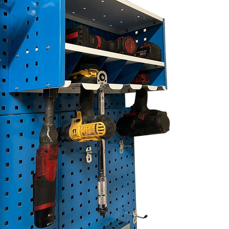 RackZone Peg Tool Organiser shelf stores drills and a wrench in blue and white.