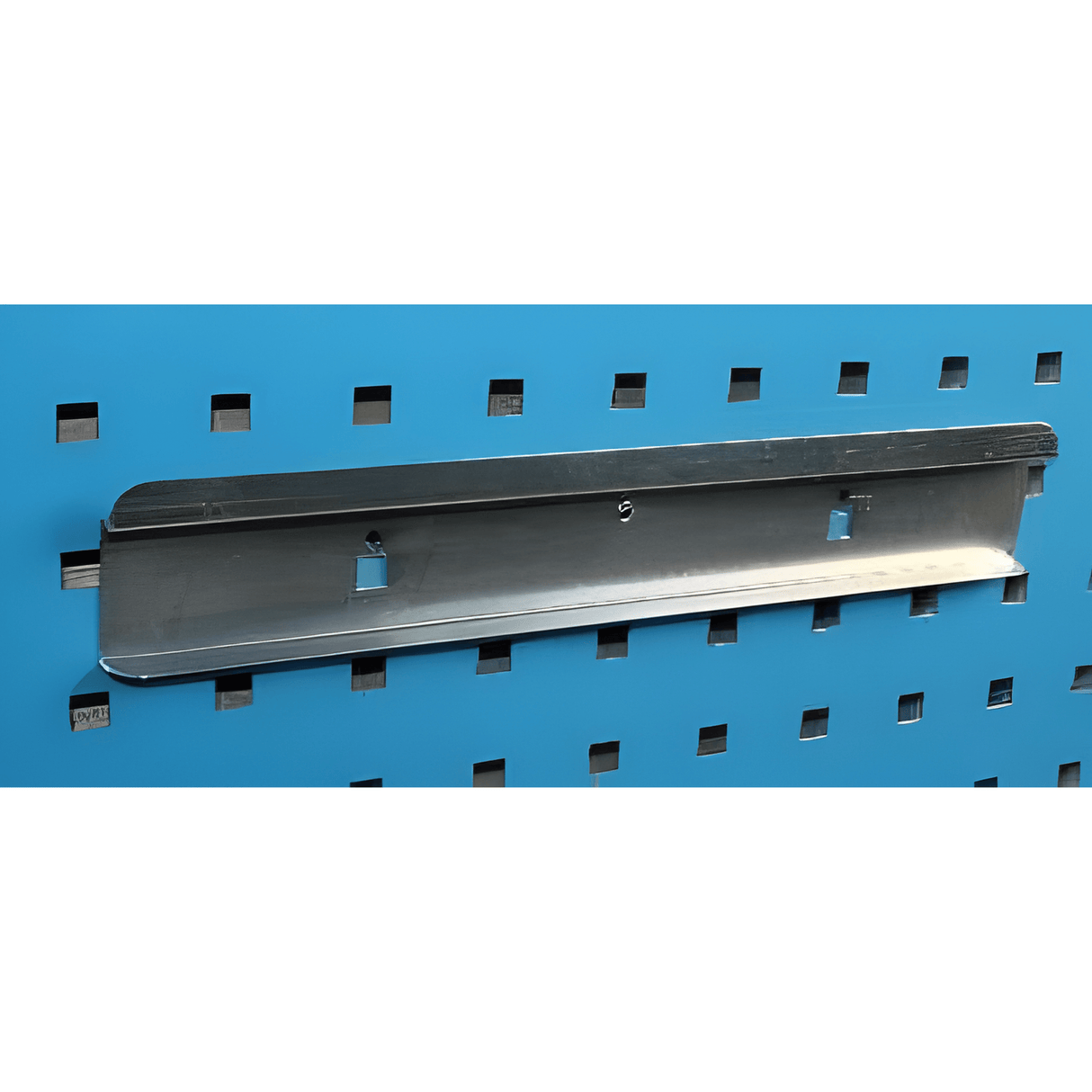 RackZone Wall-Zone Socket Strip Holder mounted on a blue perforated panel.