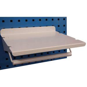 RackZone Wall-Zone Paper Towel Holder with Shelf on blue perforated board.