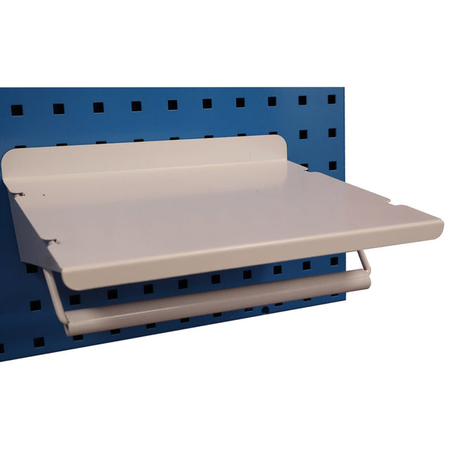 RackZone Wall-Zone Paper Towel Holder with Shelf on blue perforated board.