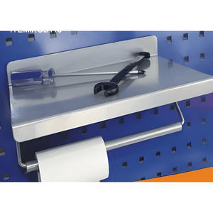RackZone Wall-Zone Paper Towel Holder with Shelf against a blue wall.