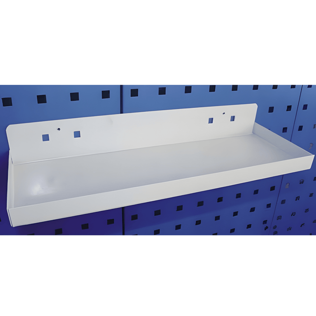 RackZone Wall-Zone Long Shelf Bracket on blue perforated wall with metal shelf.