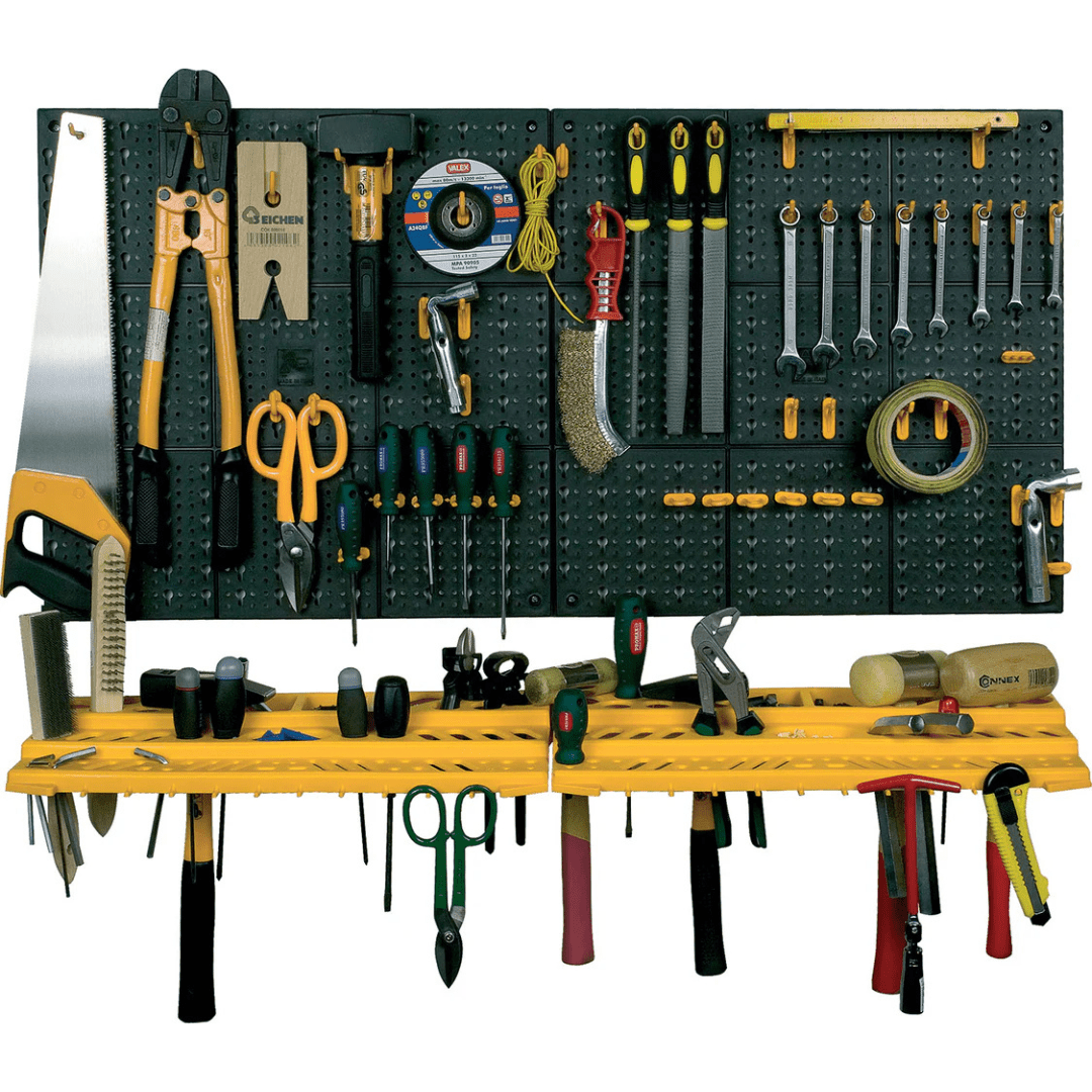 RackZone Wall Tool Organiser with 2 racks and 50 hooks keeps tools tidy on display.