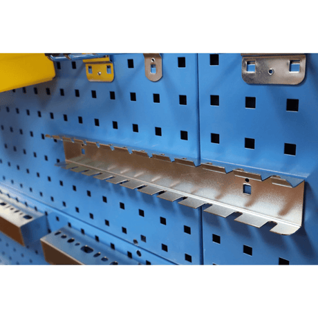 RackZone Wall-Zone Ultimate Kit on a blue perforated pegboard wall.