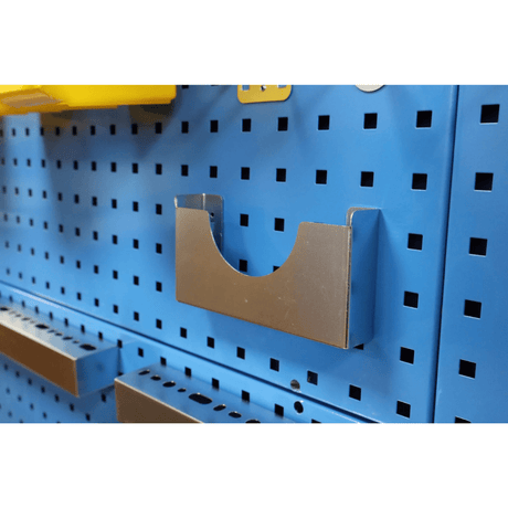 RackZone Wall-Zone Ultimate Kit mounted on a blue perforated pegboard.