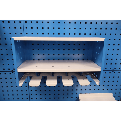 RackZone Wall-Zone Ultimate Kit with wavy slots on a perforated blue panel.