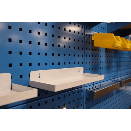 RackZone Wall-Zone Ultimate Kit: blue pegboard, white shelves & tool organiser.