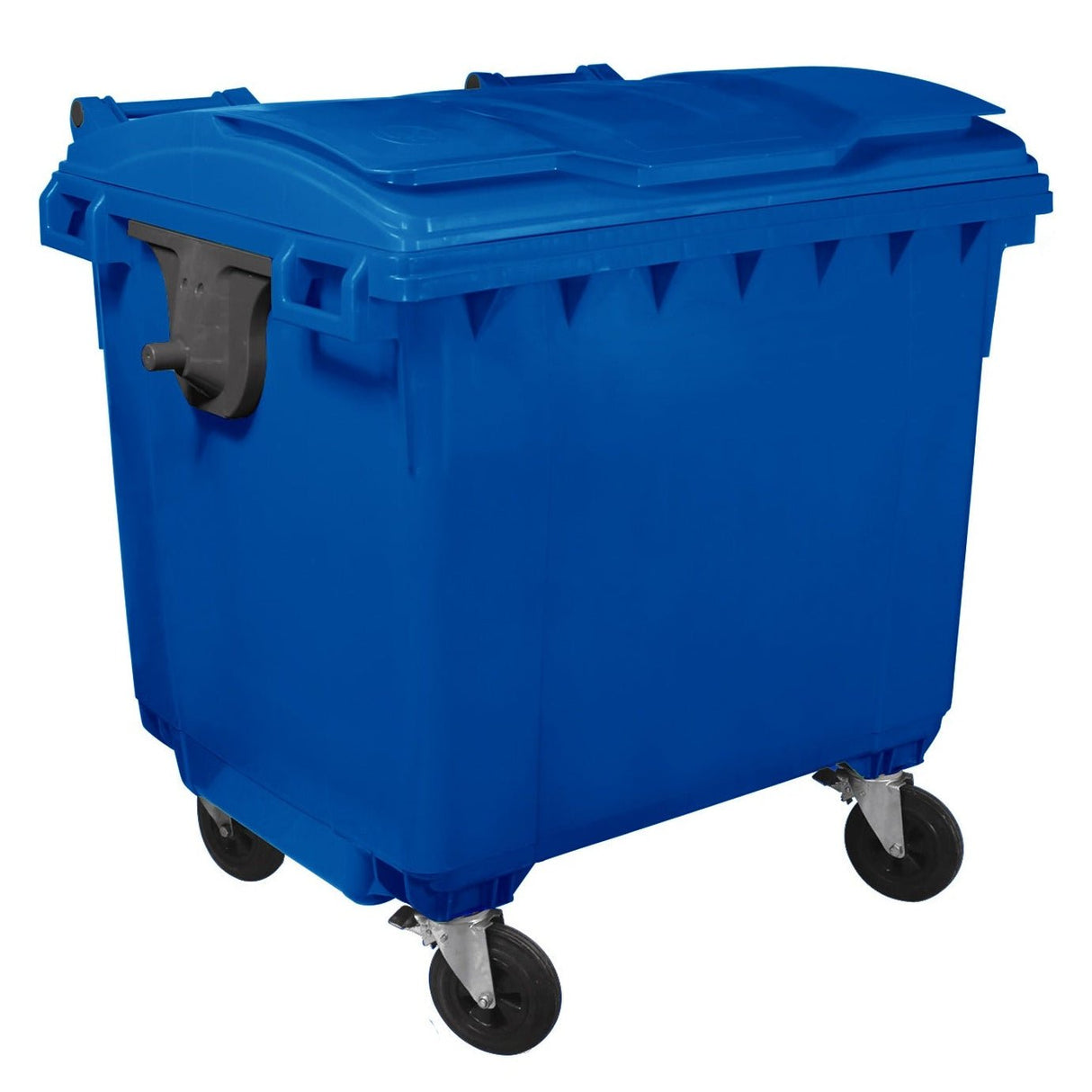 RackZone Wheelie Bin 1100 Litre - Blue, with wheels and closed lid.