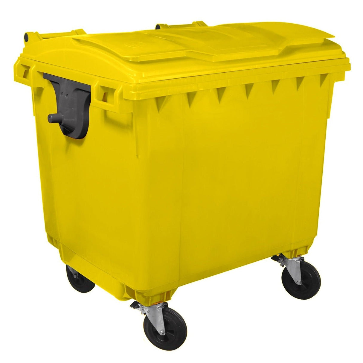 RackZone Wheelie Bin 1100 Litre - Yellow with black wheels and closed lid.