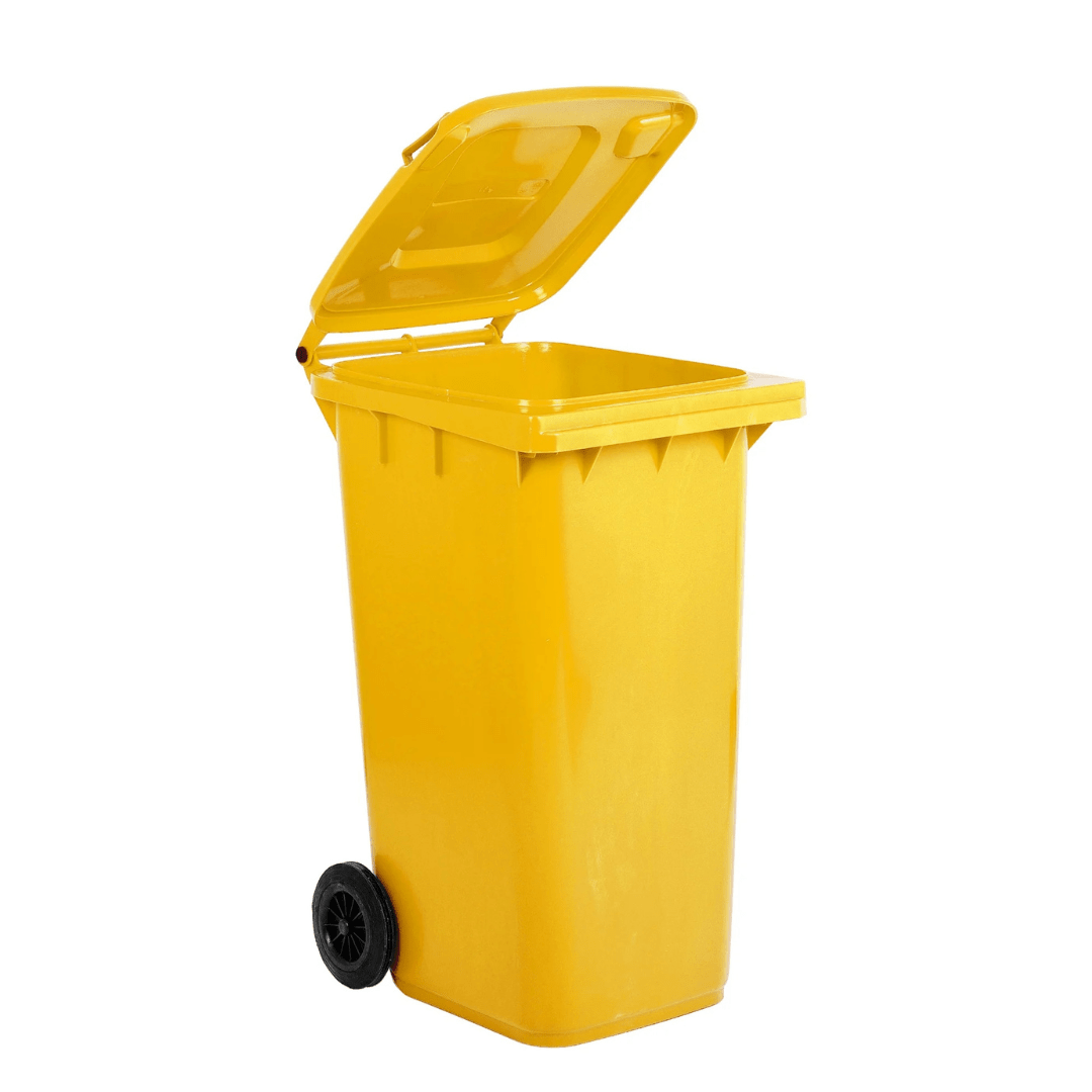 RackZone Wheelie Bin 240 Litre - Yellow, with open lid and wheels.