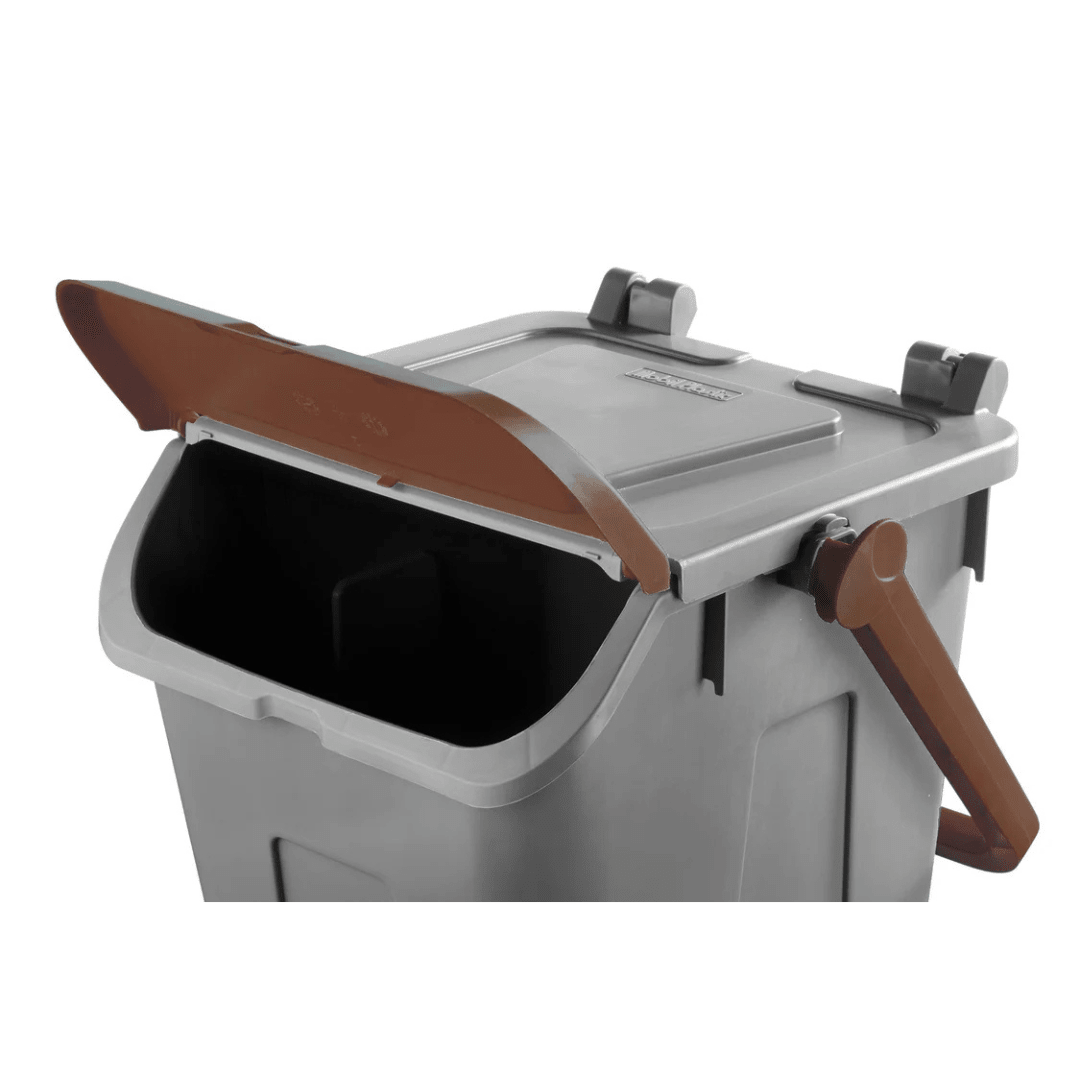 RackZone Waste Bin 25L - Brown ECO, brown lid, interior visible when open.