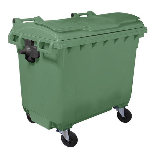 RackZone Wheelie Bin 660 Litre Green with wheels and closed lid for commercial use.
