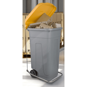 An overfilled RackZone 120L Wheelie Bin with yellow lid and pedal + ring kit.