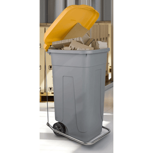 A RackZone 240L Wheelie Bin with pedal and ring kit, filled with cardboard.