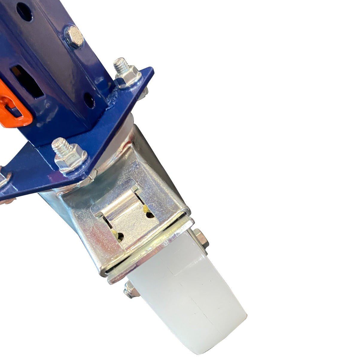 Close-up of RackZone Workbench Wheel 125mm with Stopper on blue frame.