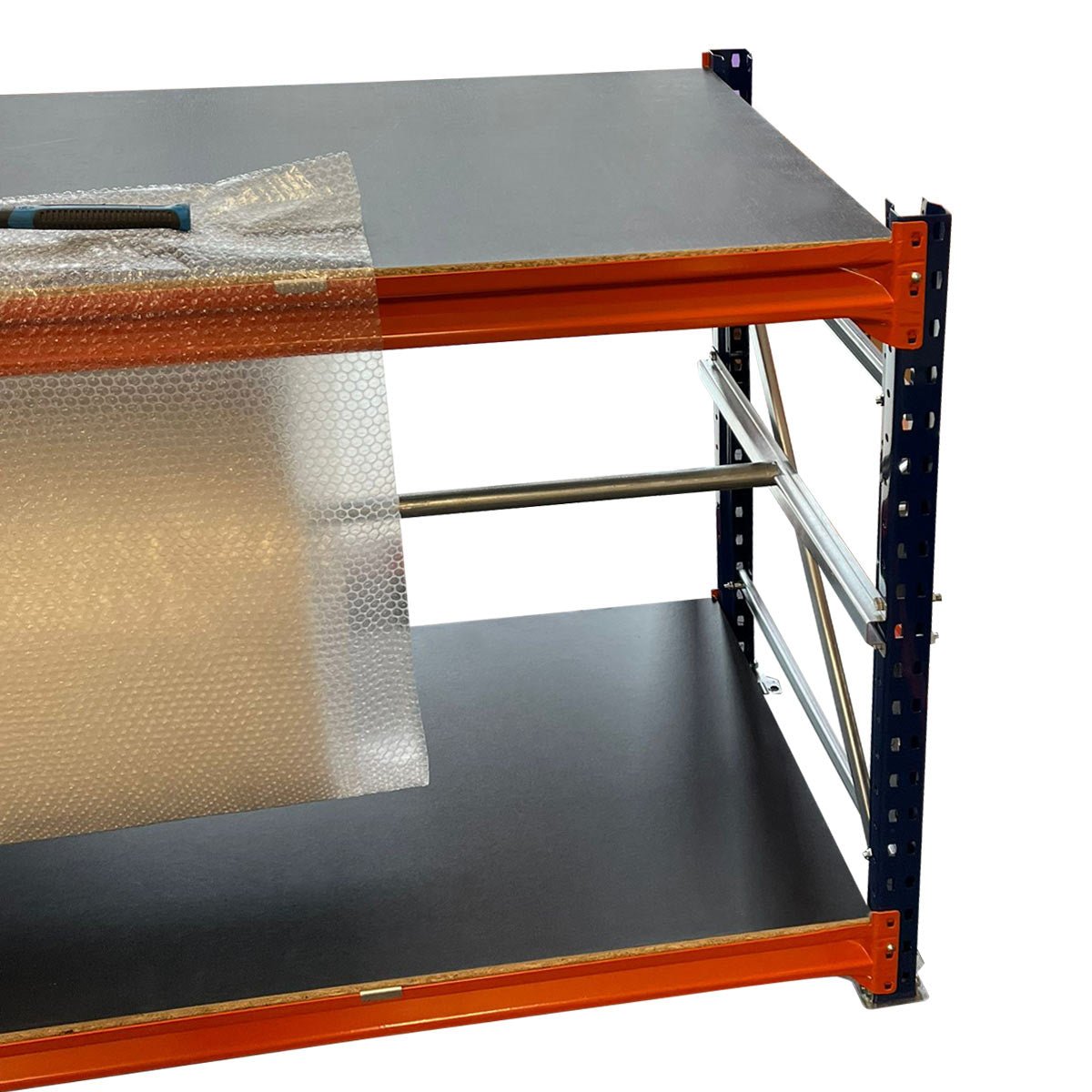 RackZone Industrial Workbench 1500w with bubble wrap roll on lower shelf.