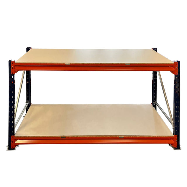 RackZone Industrial Workbench 2-level, timber shelves, 1500x600x900mm, front view.