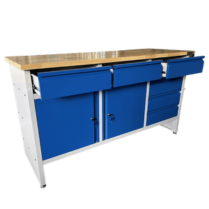 RackZone Industrial Workbench 1600W x 900H x 600D in grey/blue with storage.
