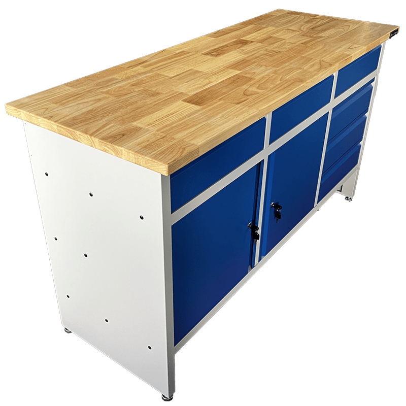 RackZone Industrial Workbench, grey/blue, 1600W x 900H x 600D.