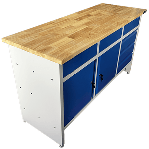 RackZone Industrial Workbench, grey/blue, 1600W x 900H x 600D.