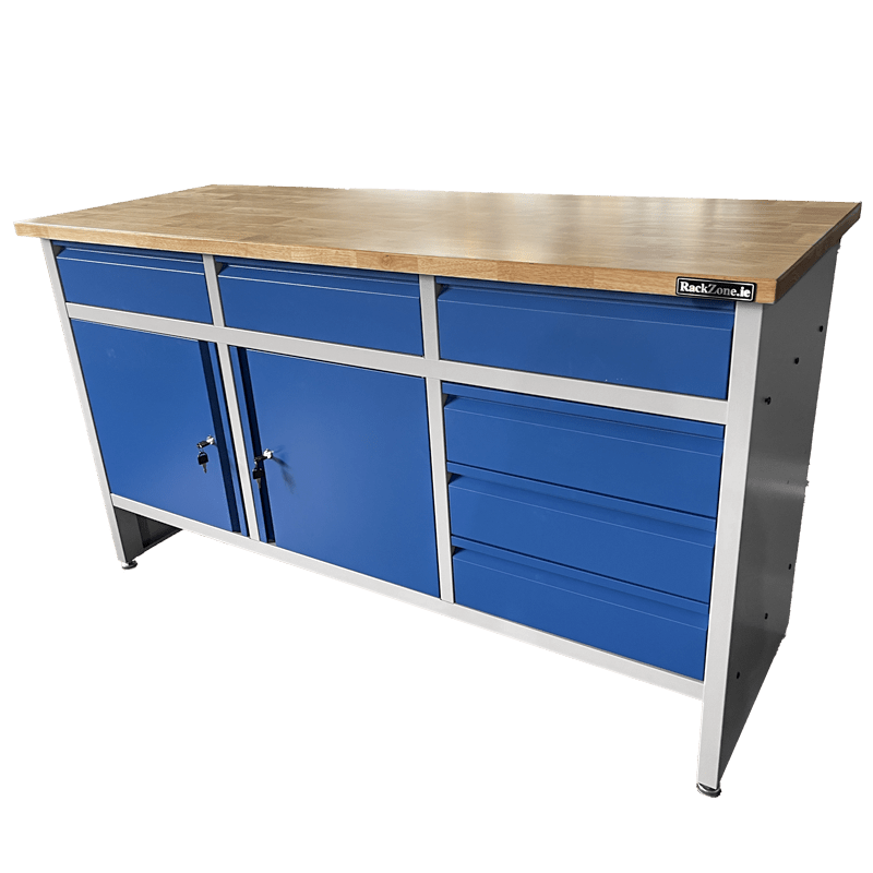 RackZone Industrial Workbench, grey/blue, 1600x900x600mm, with drawers & cabinets.
