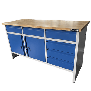 RackZone Industrial Workbench, grey/blue, 1600x900x600mm, with drawers & cabinets.