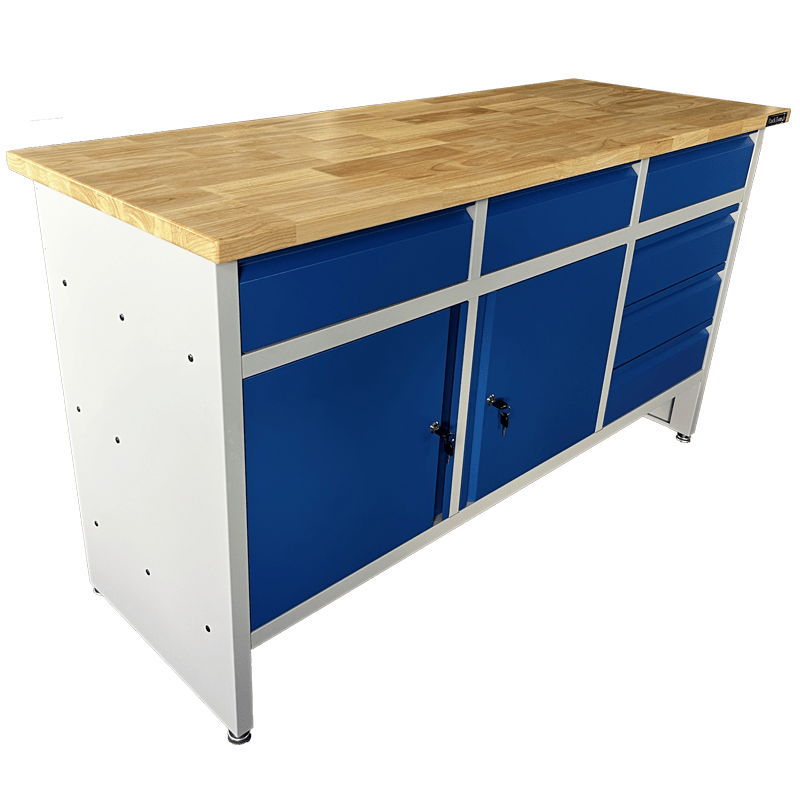 RackZone Industrial Workbench 1600W x 900H x 600D in Grey/Blue with storage.