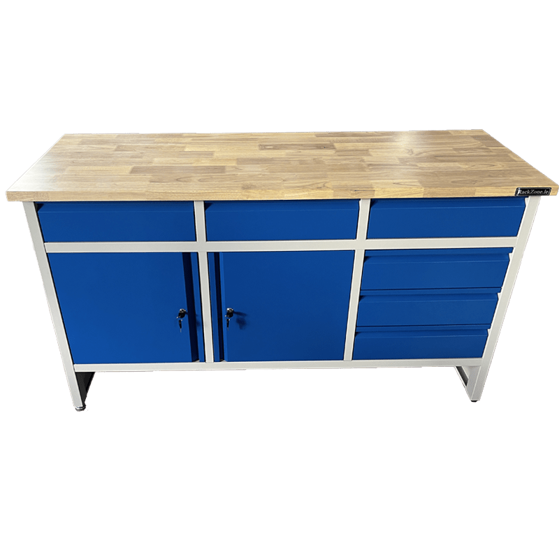 RackZone Industrial Workbench, Grey/Blue, 1600W x 900H x 600D, wood top, storage.