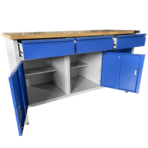 RackZone Industrial Workbench, grey/blue, 1600x900x600mm, drawers & doors.