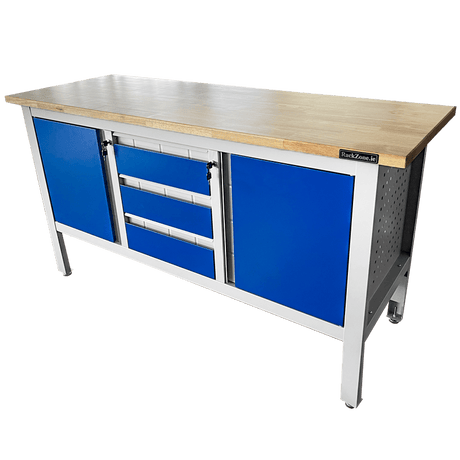 RackZone Industrial Workbench Grey/Blue, 1690W x 900H x 600D with storage.