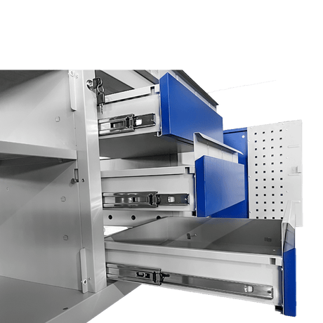 RackZone Industrial Workbench Grey/Blue with metal cabinet and open drawers.