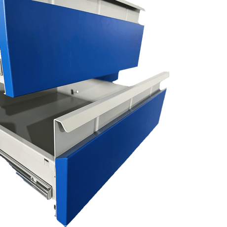 RackZone Industrial Workbench with two blue drawers, one open, grey/blue.