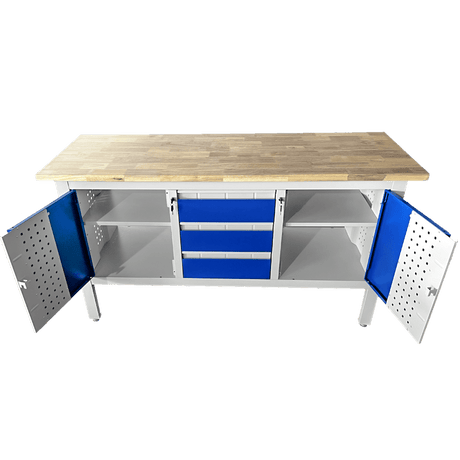 RackZone Industrial Workbench Grey/Blue with storage, drawers, and doors.