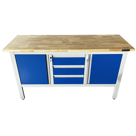 RackZone Industrial Workbench 1690W x 900H x 600D, grey/blue with storage drawers.