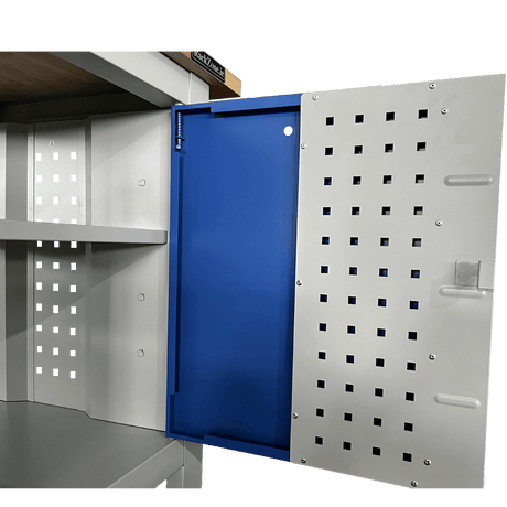 RackZone Industrial Workbench, grey/blue, ideal for workshop tool storage.