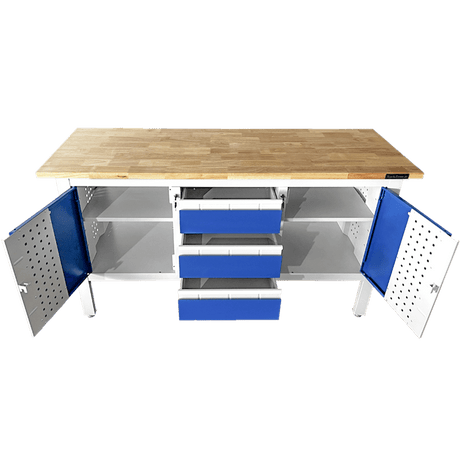 RackZone Industrial Workbench 1690W with drawers and side cabinets, grey/blue.