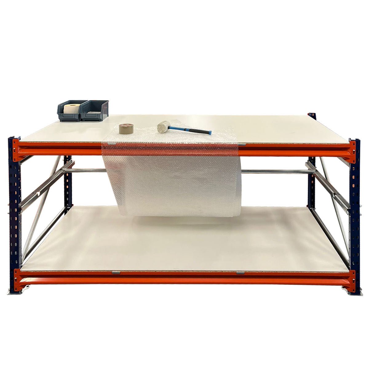 RackZone Industrial Workbench 1850w with bar, holder, timber & feet, 2 levels.