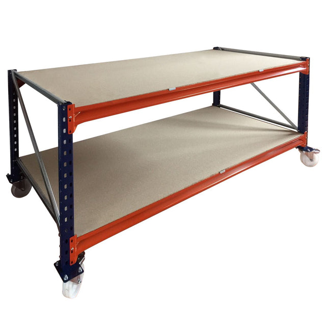 RackZone Industrial Workbench 1850x600x900mm, 2 tiers, timber shelves & castors.