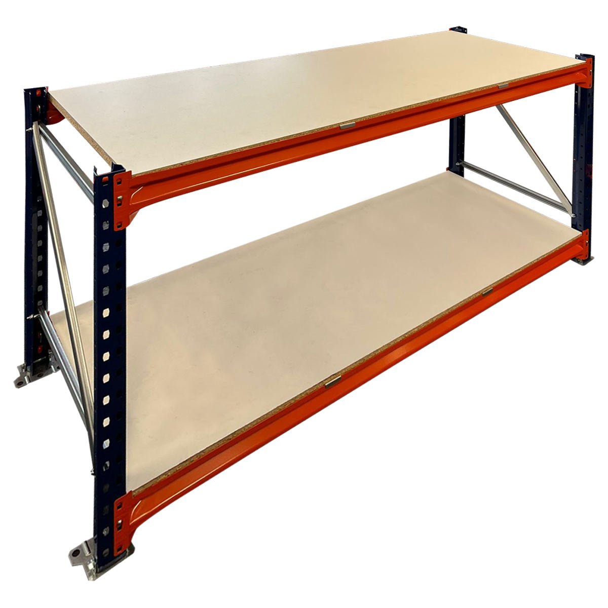 RackZone Industrial Workbench 2-level, timber shelves, easy assembly.