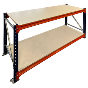 RackZone Industrial Workbench 2-level, timber shelves, easy assembly.