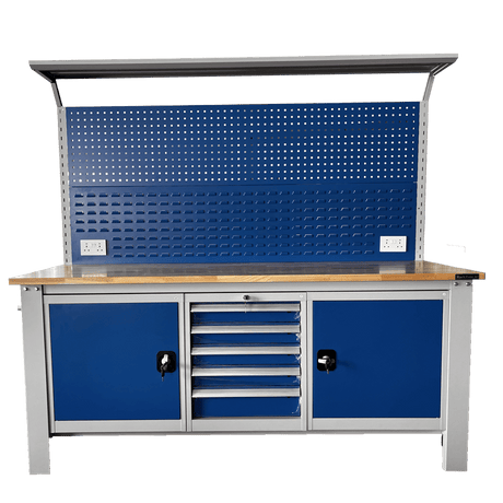 RackZone Industrial Workbench, Grey/Blue, with cabinets, drawers & pegboard.
