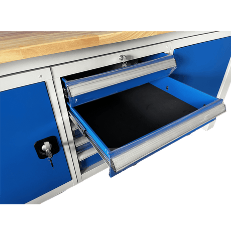 RackZone Industrial Workbench Grey/Blue, 2000H x 2100W x 600D, open drawer.