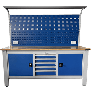RackZone Industrial Workbench with drawers, cabinets & perforated back panel.